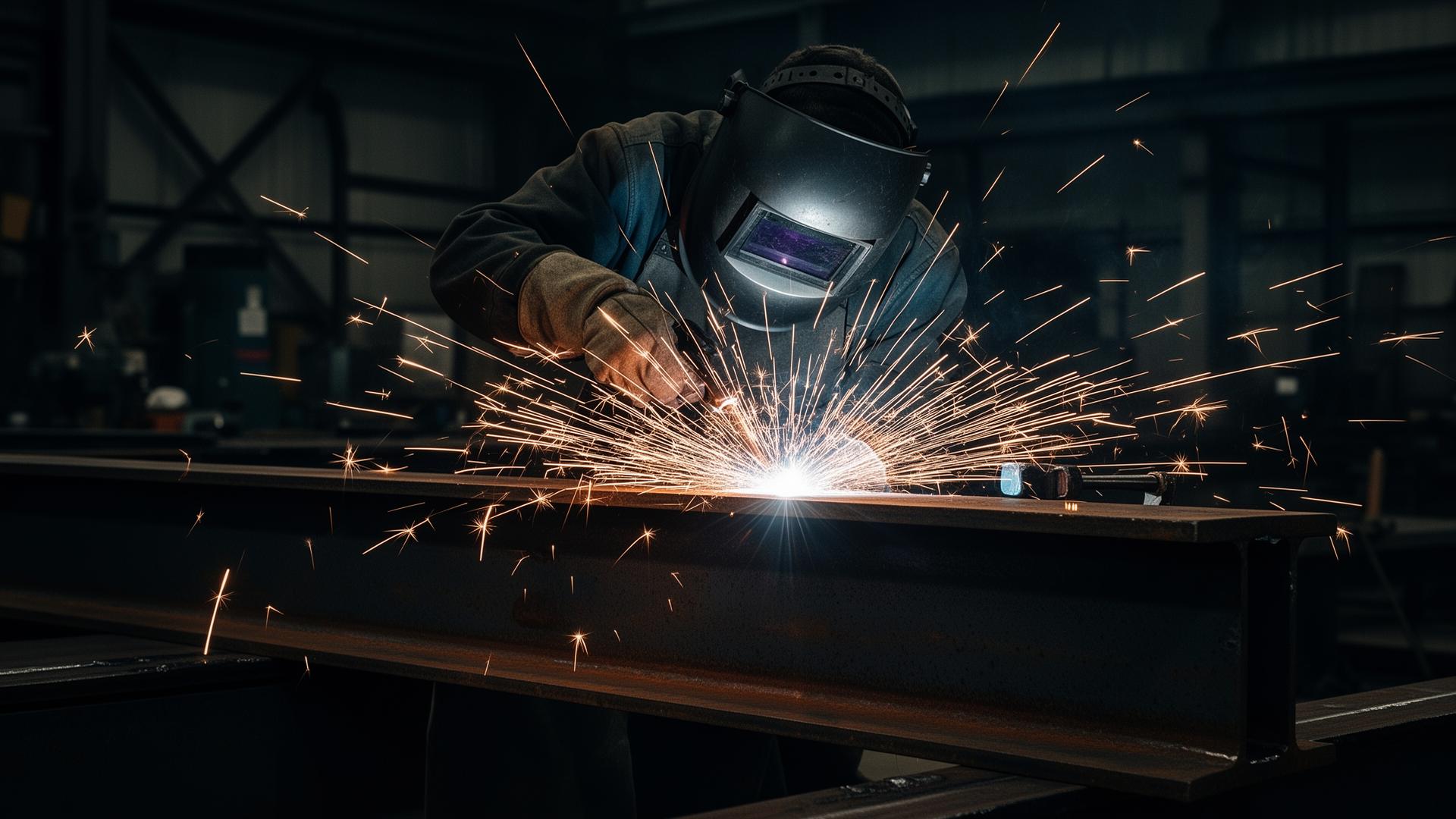 Welder welding structural steel I-beam